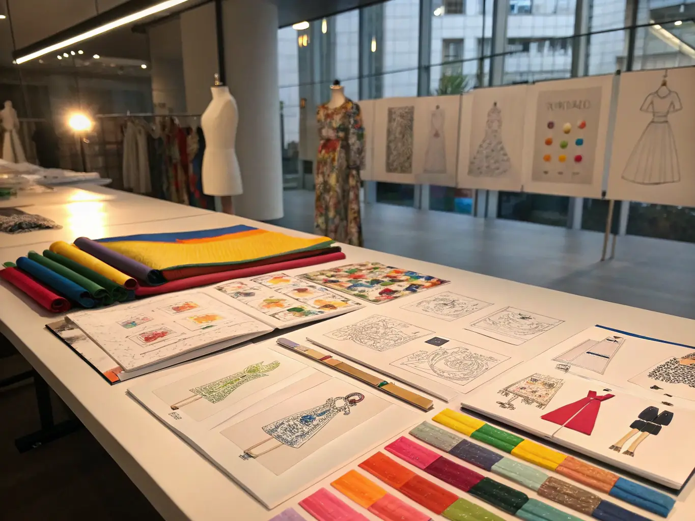 A detailed close-up shot of fabric samples and design sketches, emphasizing the attention to detail and quality in our manufacturing process.
